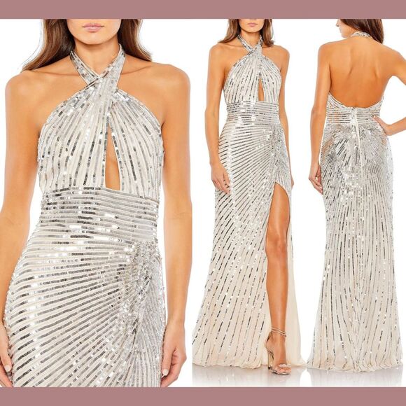 NWT $498 Mac Duggal [ 8 ] 5650 Embellished Keyhole Halter Strap Draped Gown Q801 - Picture 1 of 15